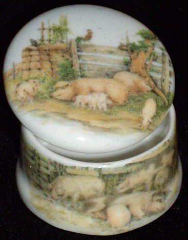 Porcelain Hand-Painted Pig Pill Box from Ireland